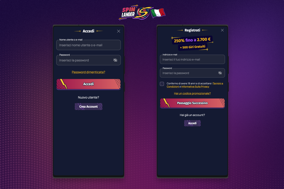 Accedi al tuo account o registrati sull'app Spinlander